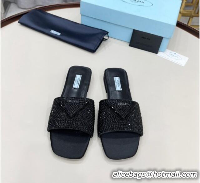 Pretty Style Prada Crystal Flat Slide Sandals 011371 Black