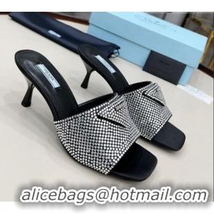 Feminine Prada Crystal Heel Slide Sandals 6cm 011373 Silver/Black