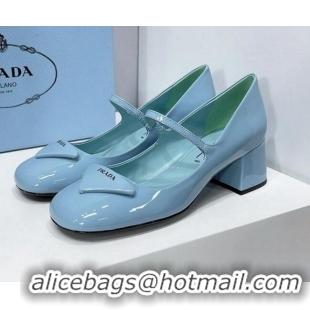 Top Grade Prada Patent Leather Mary Janes Pumps 5cm 011378 Blue