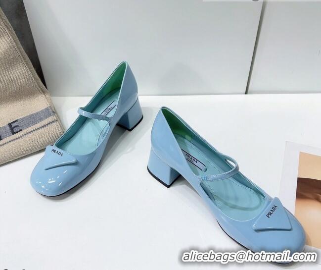 Top Grade Prada Patent Leather Mary Janes Pumps 5cm 011378 Blue