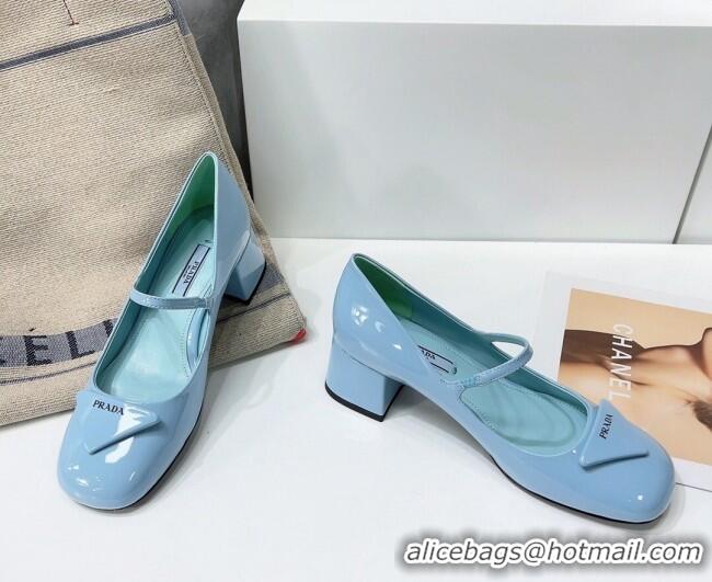 Top Grade Prada Patent Leather Mary Janes Pumps 5cm 011378 Blue