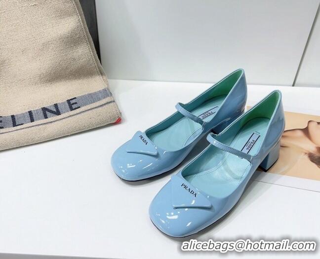 Top Grade Prada Patent Leather Mary Janes Pumps 5cm 011378 Blue