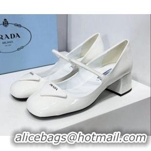 Luxury Cheap Prada Patent Leather Mary Janes Pumps 5cm 011378 White