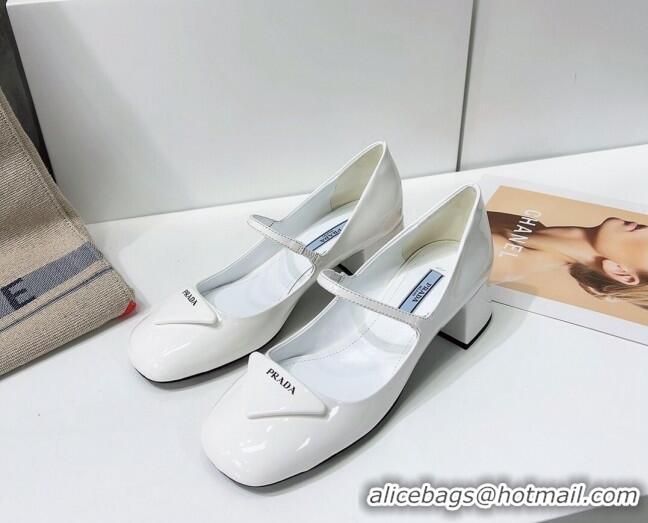 Luxury Cheap Prada Patent Leather Mary Janes Pumps 5cm 011378 White