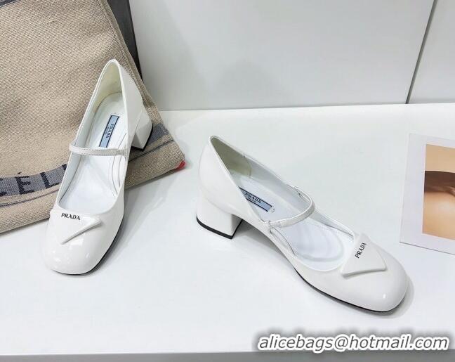 Luxury Cheap Prada Patent Leather Mary Janes Pumps 5cm 011378 White