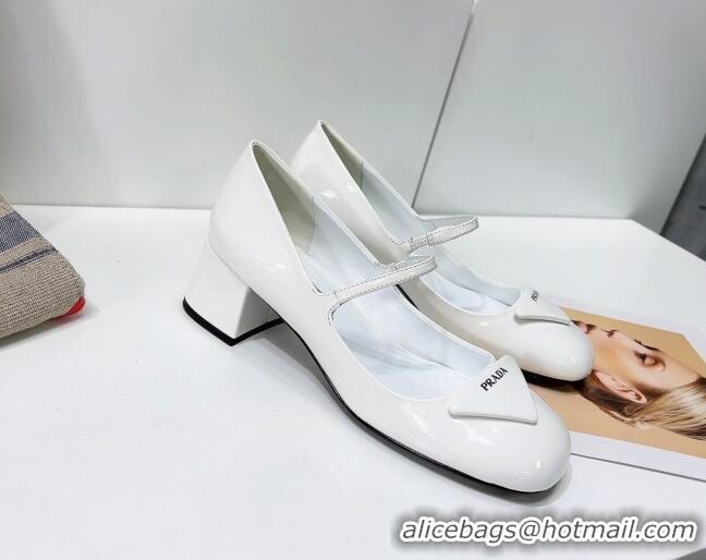 Luxury Cheap Prada Patent Leather Mary Janes Pumps 5cm 011378 White