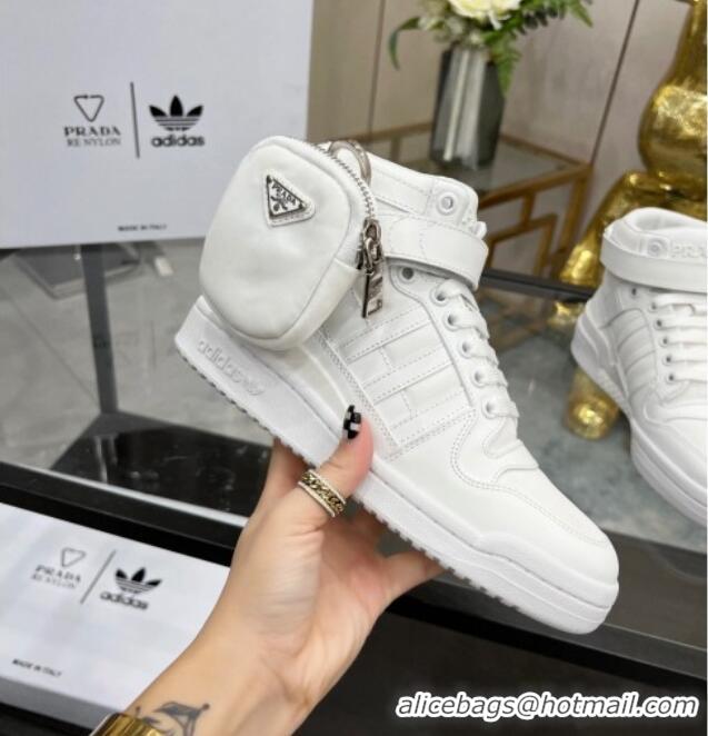 Discount Prada x Adidas Silky Calfskin High-top Sneakers with Pouch 011391 White