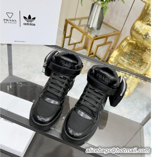 Good Looking Prada x Adidas Silky Calfskin High-top Sneakers with Pouch 011391 Black