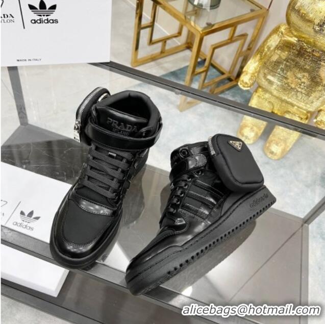 Good Looking Prada x Adidas Silky Calfskin High-top Sneakers with Pouch 011391 Black