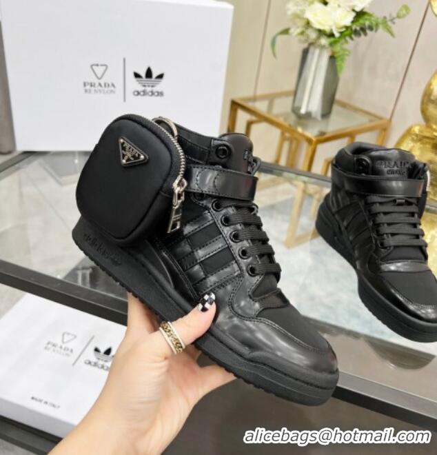 Good Looking Prada x Adidas Silky Calfskin High-top Sneakers with Pouch 011391 Black