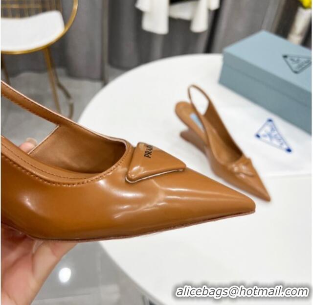 Low Price Prada Brush Leather Slingback Pumps 6.5cm Brown 011402