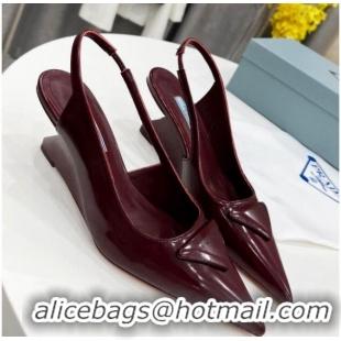 Top Design Prada Brush Leather Slingback Pumps 6.5cm Burgundy 011410