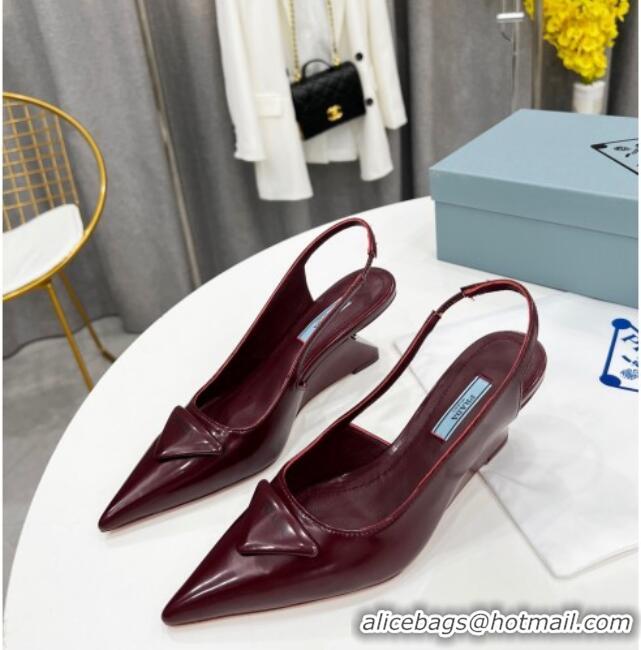 Top Design Prada Brush Leather Slingback Pumps 6.5cm Burgundy 011410