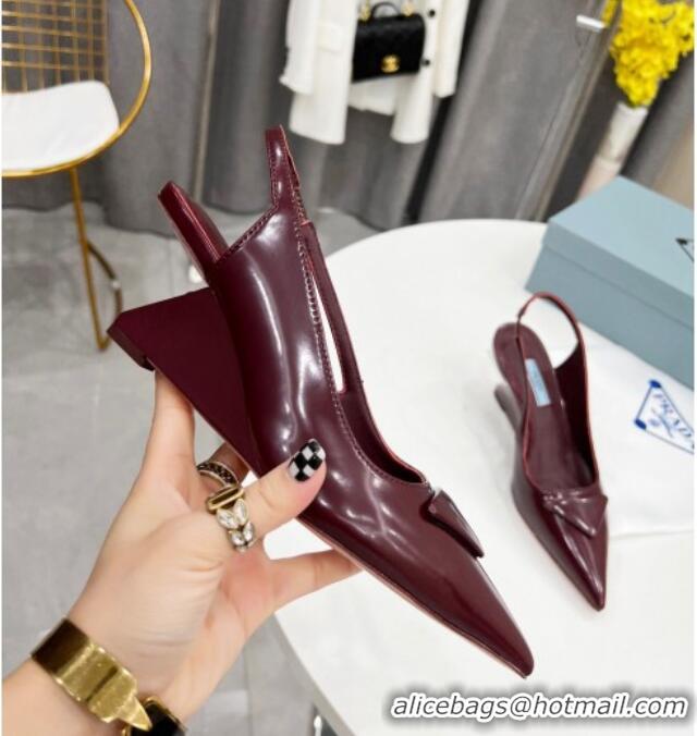 Top Design Prada Brush Leather Slingback Pumps 6.5cm Burgundy 011410