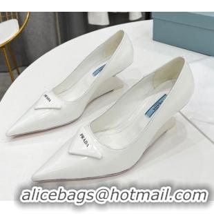 Luxury Prada Brush Leather Pumps 6.5cm White 011426