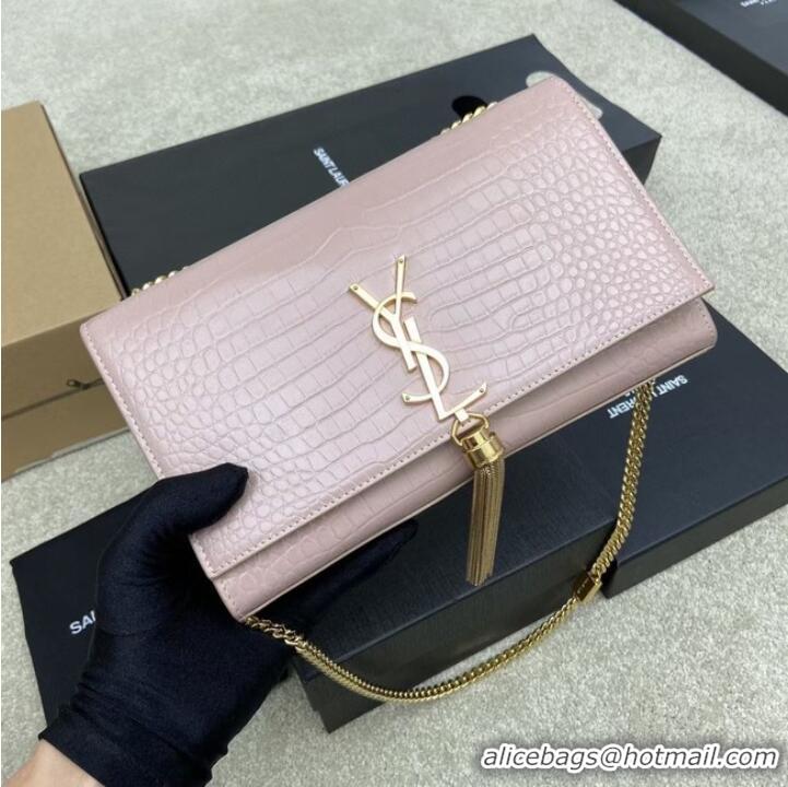 Good Product YSL KATE MEDIUM WITH TASSEL IN CROCODILE-EMBOSSED SHINY LEATHER 377829 pink