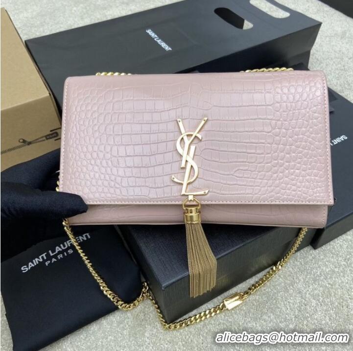 Good Product YSL KATE MEDIUM WITH TASSEL IN CROCODILE-EMBOSSED SHINY LEATHER 377829 pink