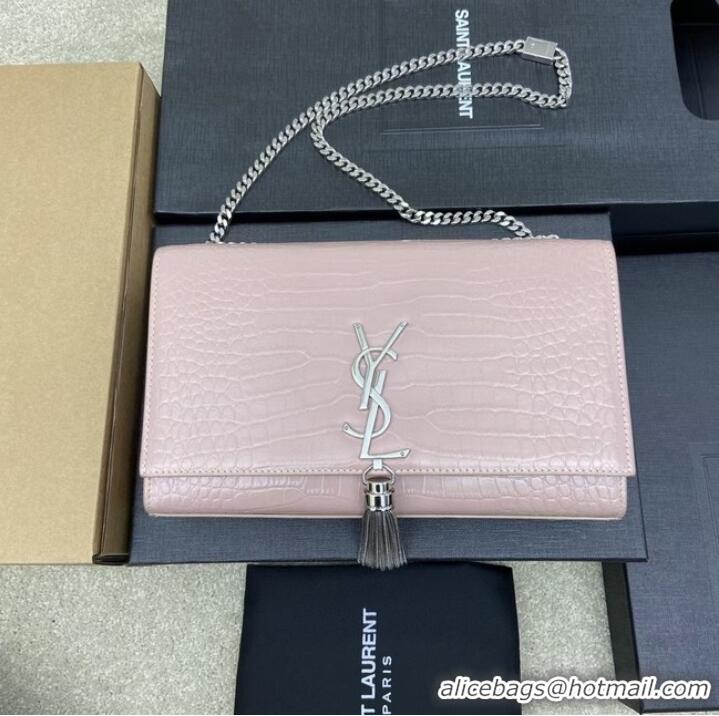 New Style YSL KATE MEDIUM WITH TASSEL IN CROCODILE-EMBOSSED SHINY LEATHER B377829 pink