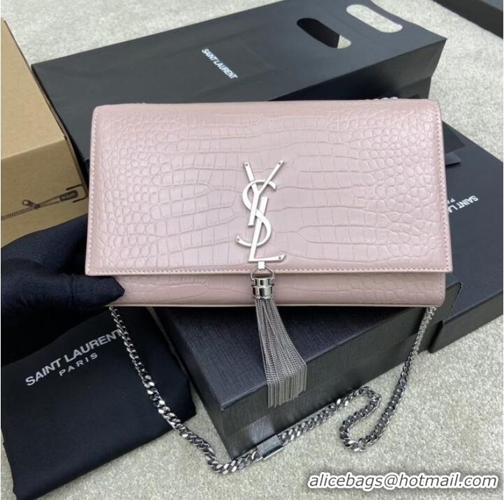 New Style YSL KATE MEDIUM WITH TASSEL IN CROCODILE-EMBOSSED SHINY LEATHER B377829 pink