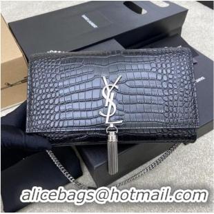 Grade Quality YSL KATE MEDIUM WITH TASSEL IN CROCODILE-EMBOSSED SHINY LEATHER B377829 black