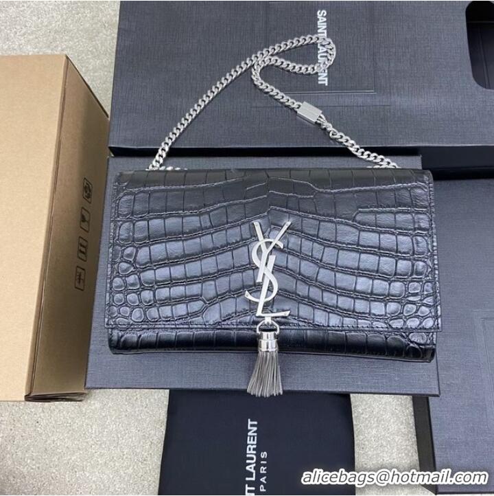 Grade Quality YSL KATE MEDIUM WITH TASSEL IN CROCODILE-EMBOSSED SHINY LEATHER B377829 black