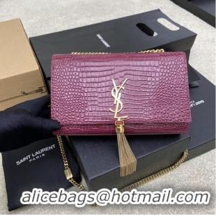 Well Crafted YSL KATE MEDIUM WITH TASSEL IN CROCODILE-EMBOSSED SHINY LEATHER 377829 Burgundy