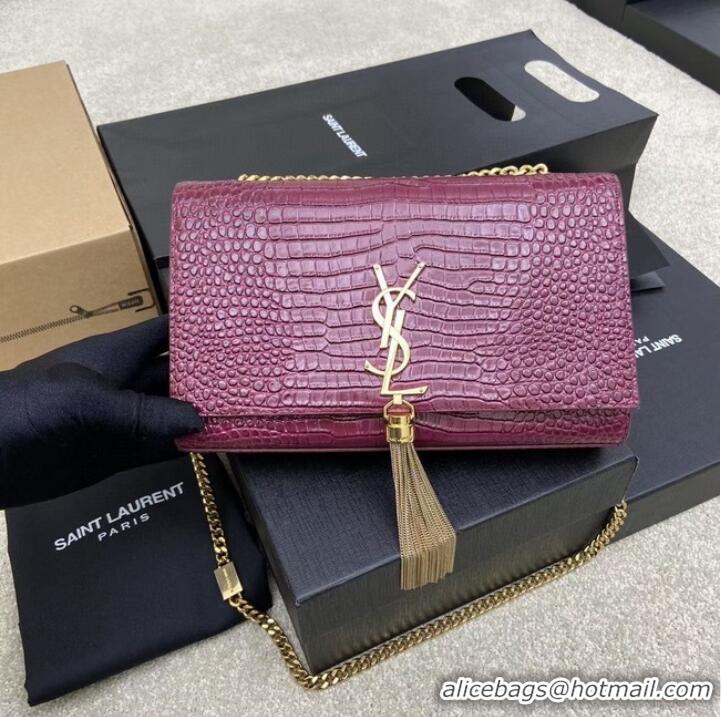 Well Crafted YSL KATE MEDIUM WITH TASSEL IN CROCODILE-EMBOSSED SHINY LEATHER 377829 Burgundy