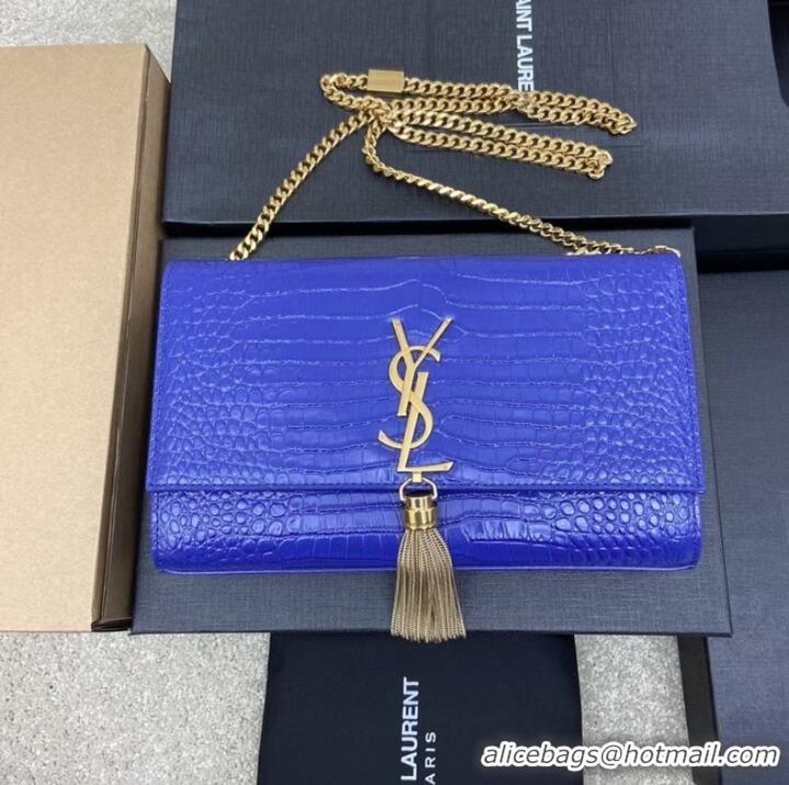 Buy YSL KATE MEDIUM WITH TASSEL IN CROCODILE-EMBOSSED SHINY LEATHER 377829 blue