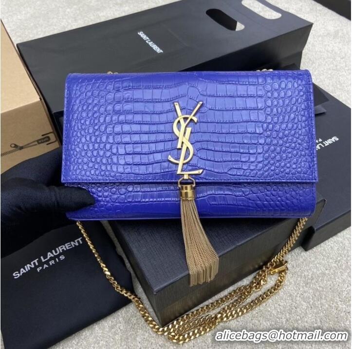 Buy YSL KATE MEDIUM WITH TASSEL IN CROCODILE-EMBOSSED SHINY LEATHER 377829 blue