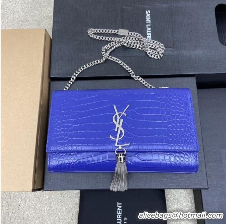 Buy Classic YSL KATE MEDIUM WITH TASSEL IN CROCODILE-EMBOSSED SHINY LEATHER B377829 blue