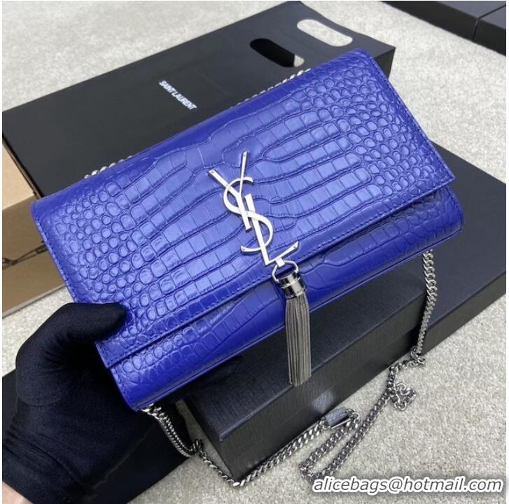 Buy Classic YSL KATE MEDIUM WITH TASSEL IN CROCODILE-EMBOSSED SHINY LEATHER B377829 blue