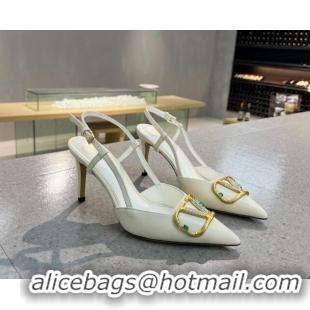 Top Quality Valentino VLOGO SIGNATURE Calfskin Slingback Pump with 8cm Heel White 0105054