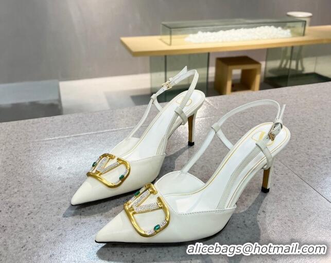 Top Quality Valentino VLOGO SIGNATURE Calfskin Slingback Pump with 8cm Heel White 0105054