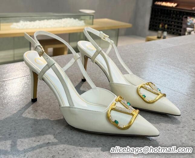 Top Quality Valentino VLOGO SIGNATURE Calfskin Slingback Pump with 8cm Heel White 0105054