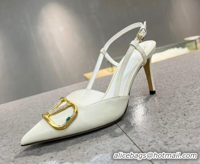 Top Quality Valentino VLOGO SIGNATURE Calfskin Slingback Pump with 8cm Heel White 0105054