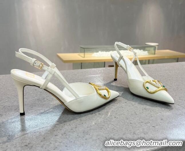 Top Quality Valentino VLOGO SIGNATURE Calfskin Slingback Pump with 8cm Heel White 0105054