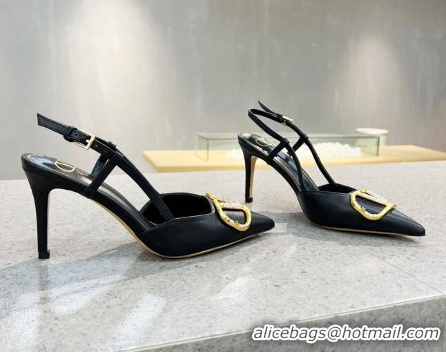 Cute Valentino VLOGO SIGNATURE Calfskin Slingback Pump with 8cm Heel Black 0105057