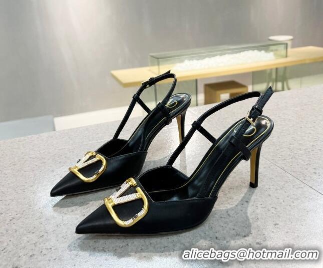 Cute Valentino VLOGO SIGNATURE Calfskin Slingback Pump with 8cm Heel Black 0105057