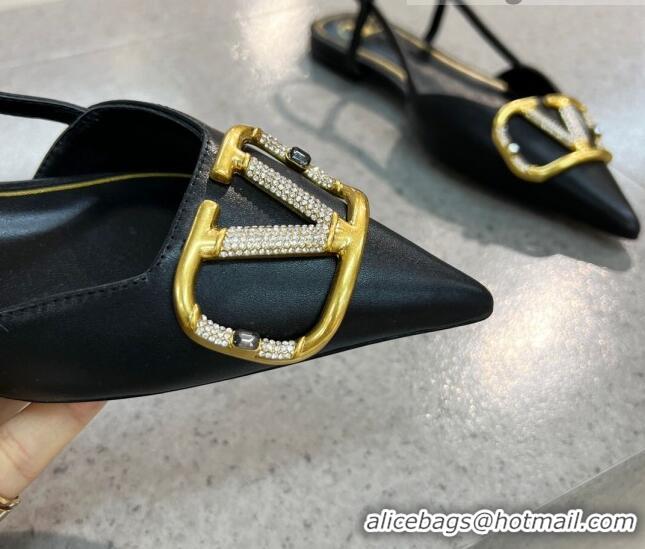 Low Cost Valentino VLOGO SIGNATURE Calfskin Slingback Flat Ballerina Black 105059