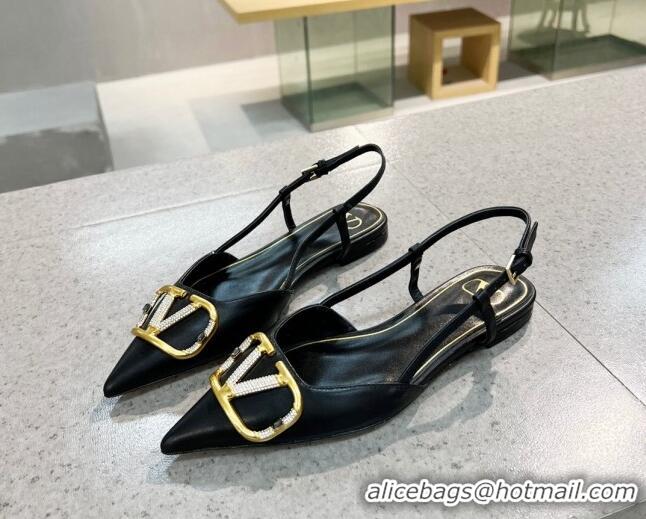 Low Cost Valentino VLOGO SIGNATURE Calfskin Slingback Flat Ballerina Black 105059