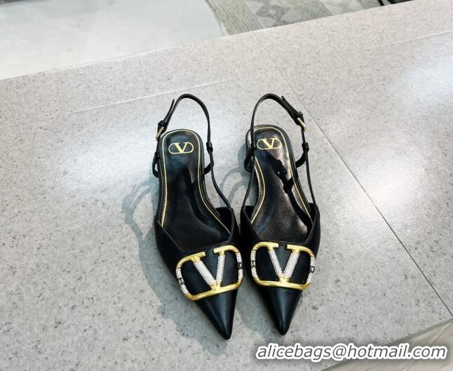 Low Cost Valentino VLOGO SIGNATURE Calfskin Slingback Flat Ballerina Black 105059