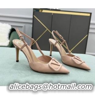 Top Quality Valentino VLOGO SIGNATURE Patent Leather Slingback Pump with 8cm Heel Nude 105063