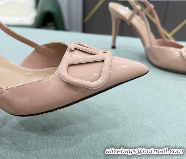 Top Quality Valentino VLOGO SIGNATURE Patent Leather Slingback Pump with 8cm Heel Nude 105063