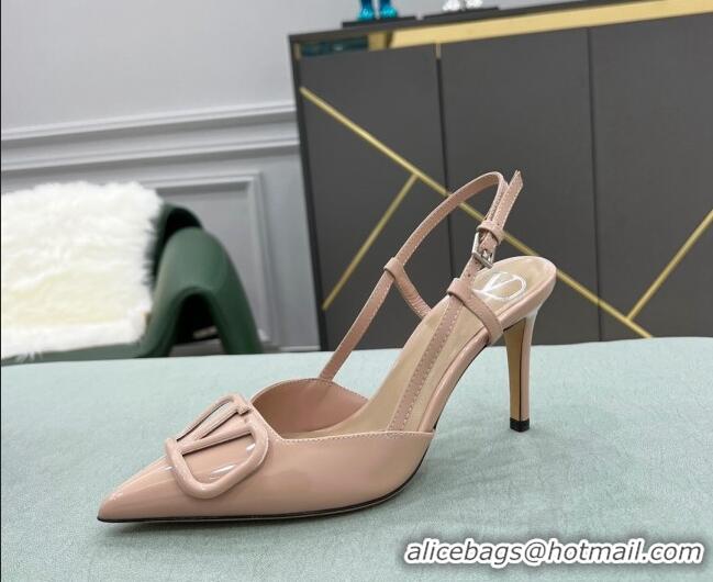 Top Quality Valentino VLOGO SIGNATURE Patent Leather Slingback Pump with 8cm Heel Nude 105063