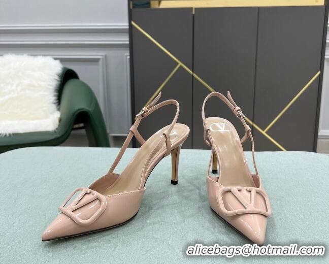 Top Quality Valentino VLOGO SIGNATURE Patent Leather Slingback Pump with 8cm Heel Nude 105063