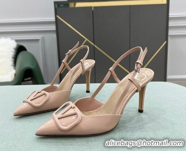 Top Quality Valentino VLOGO SIGNATURE Patent Leather Slingback Pump with 8cm Heel Nude 105063