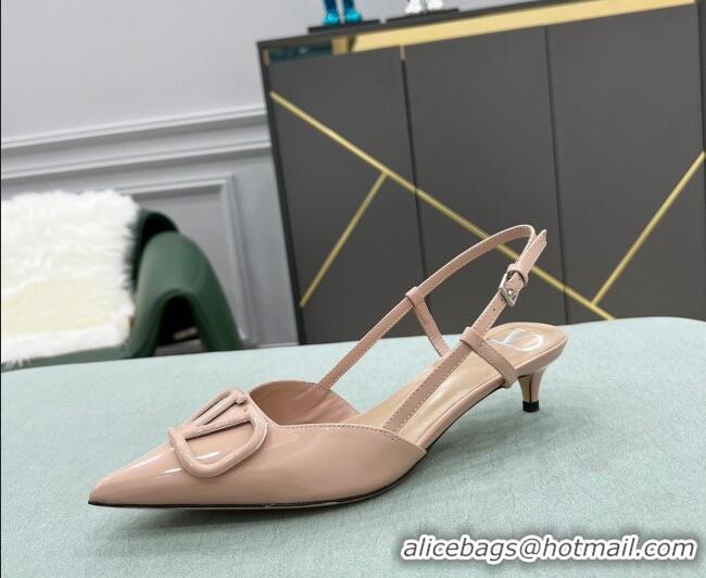 Top Quality Valentino VLOGO SIGNATURE Patent Leather Slingback Pump with 4cm Heel Nude 105064