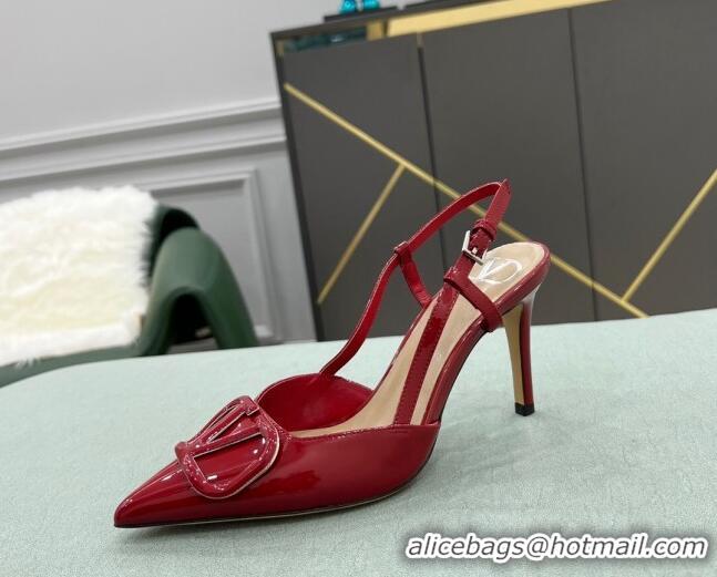 Best Luxury Valentino VLOGO SIGNATURE Calfskin Slingback Pump with 8cm Heel 0105066 Deep Red