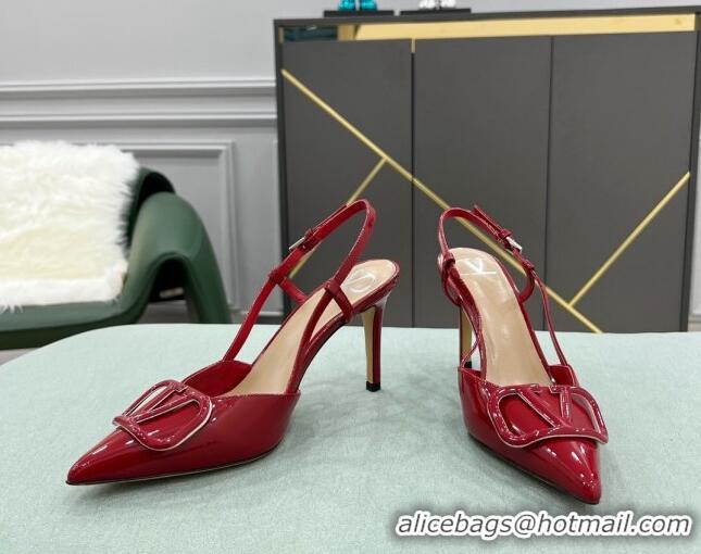 Best Luxury Valentino VLOGO SIGNATURE Calfskin Slingback Pump with 8cm Heel 0105066 Deep Red