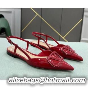 Top Quality Valentino VLOGO SIGNATURE Patent Leather Slingback Flat Ballerina Deep Red 0105068